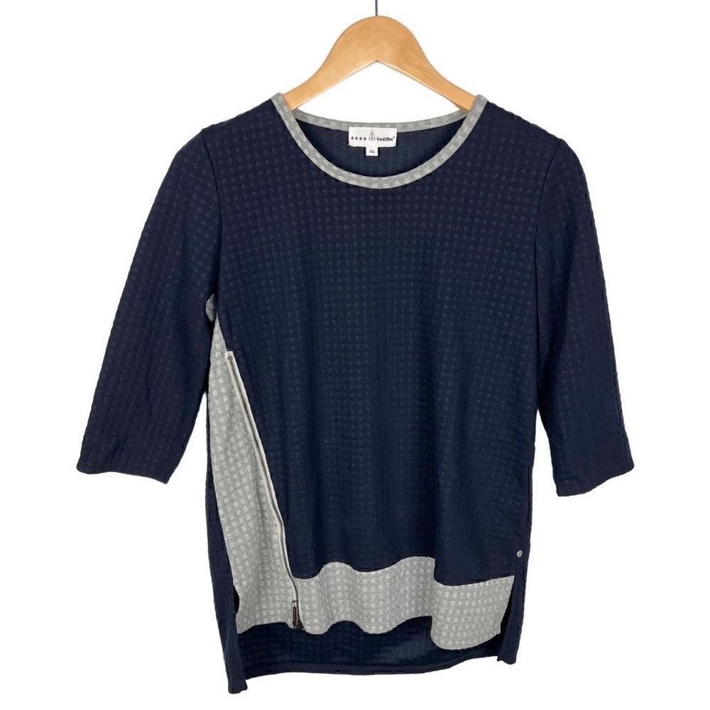 Neon Buddha Waffle Knit 3/4 Sleeve Blouse Top w Zipper Navy Gray women’s size XS